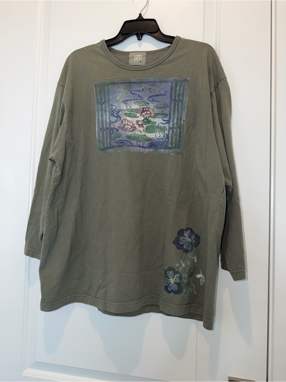 Blue Fish Olive Green Striped Graphic Long Sleeve Top
